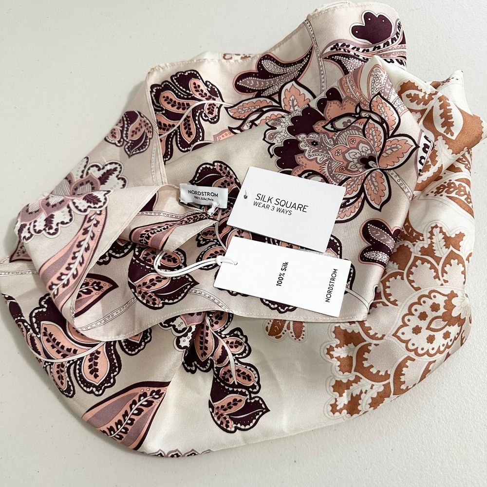 Nordstrom 100% Silk Square Scarf Paisley Floral Beige Burgundy New 38 x 38